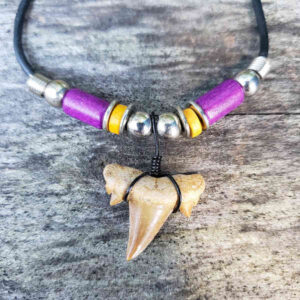 Black Wire Wrapped Shark Tooth Necklace with Purple & Yellow Beads