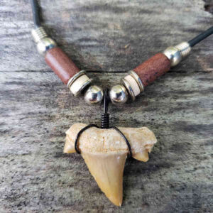Black Wire Wrapped Shark Tooth Necklace with Brown & White Beads