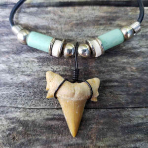 Black Wire Wrapped Shark Tooth Necklace with Pistachio & White Beads