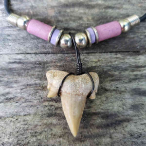 Black Wire Wrapped Shark Tooth Necklace with Lavender Beads